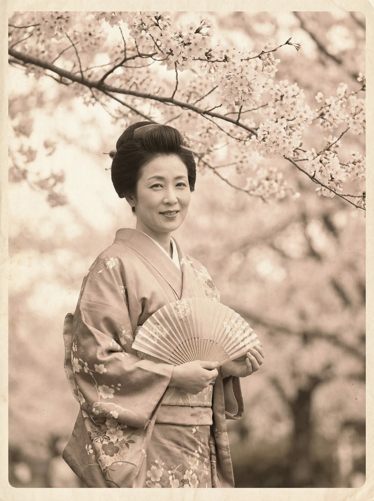 一位持扇的优雅 熟女阿姨 在樱花树下的复古写真